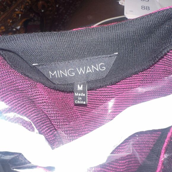 Ming Wang Fuchsia Black Wave Abstract Geometric Heavy Knit Cardigan Sweater Sz M - Picture 12 of 12